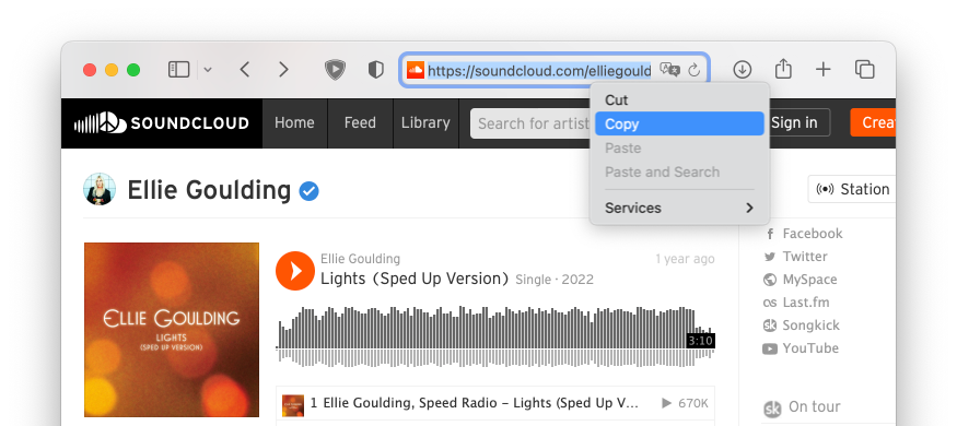 Selecione e copie o link da música do SoundCloud que você gosta