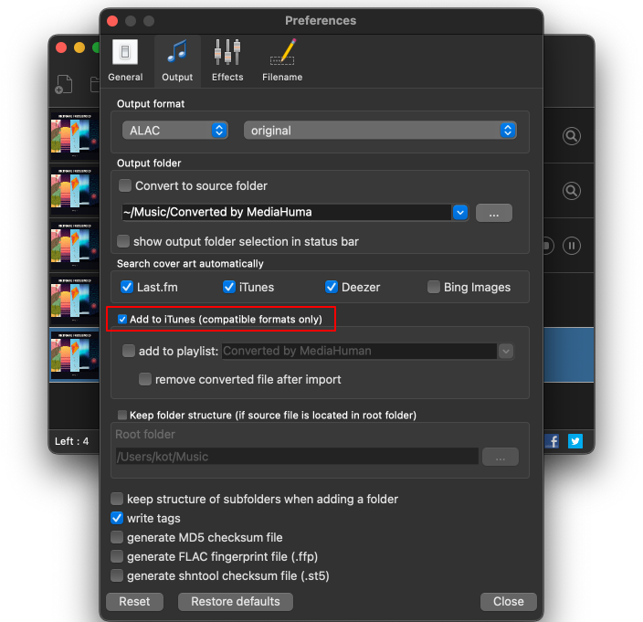 환경설정 Output 탭의 Add to iTunes 옵션