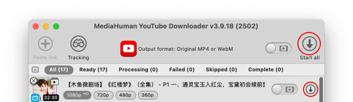 プログレスバーとともにBilibili動画をダウンロード中のYouTube Downloader