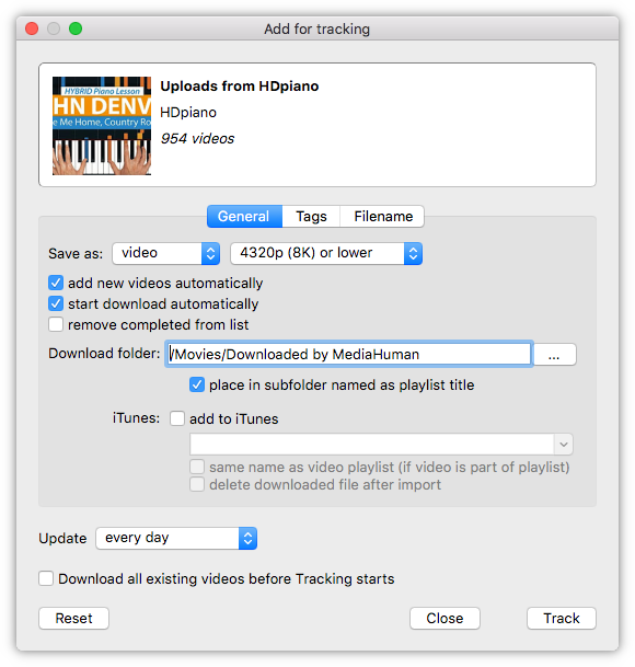 Set additional tracking options