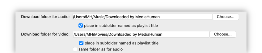 Preferences showing the subfolder option in the Download tab