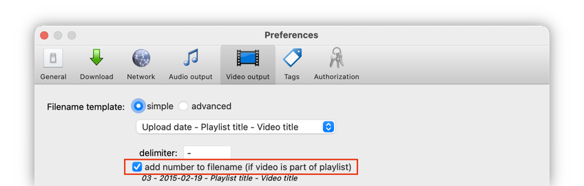 Preferences showing the numbering option in the Video output tab