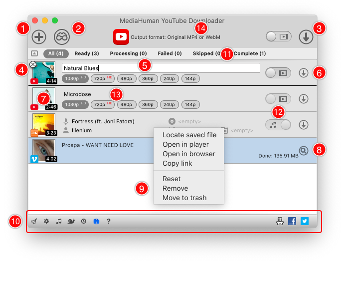 Main window interface elements of YouTube Downloader explained