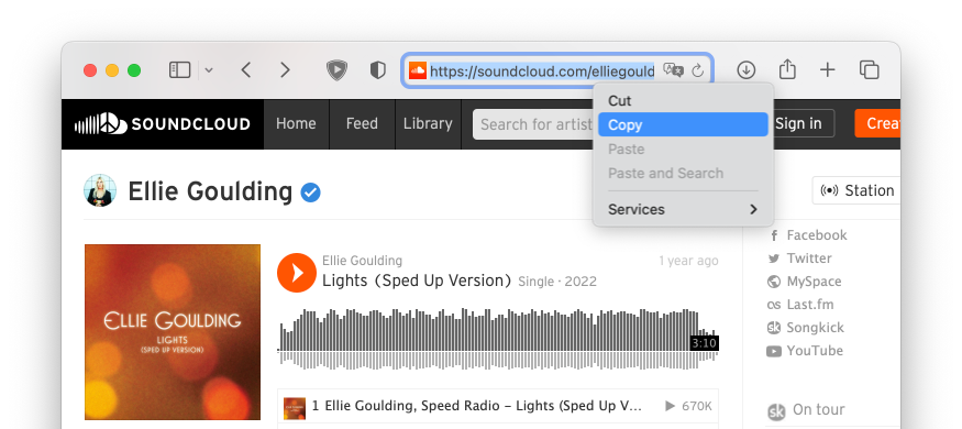 Seleziona e copia il link alla canzone di SoundCloud che ti piace