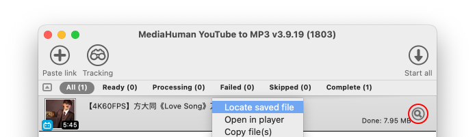 MediaHuman YouTube to MP3 Converter showing a completed conversion with the context menu open
