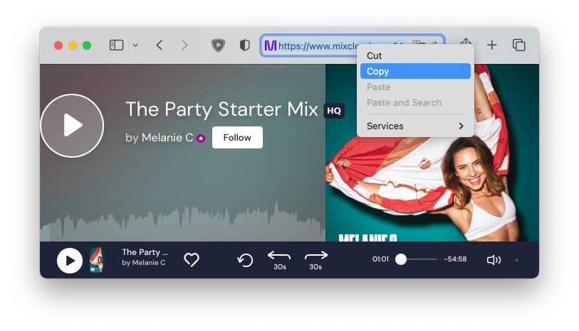Скопируйте ссылку на композицию Mixcloud