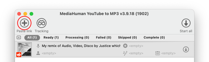 YouTube to MP3 Converter with a pasted Reddit link showing post title and thumbnail
