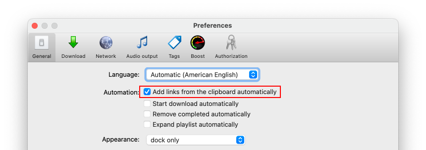 Preferences window with the 'Add links from the clipboard automatically' option enabled