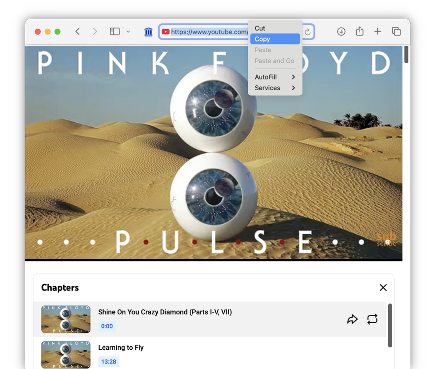 A YouTube music album video with chapter segments on the progress bar