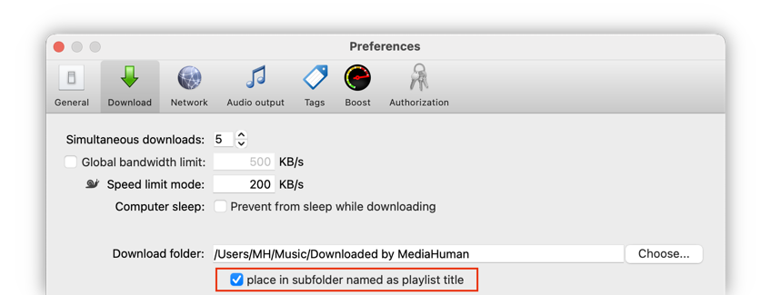 Preferences showing the subfolder option in the Download tab