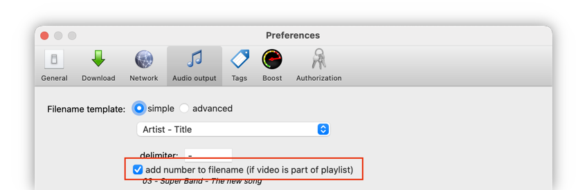 Preferences showing the numbering option in the Audio Output tab